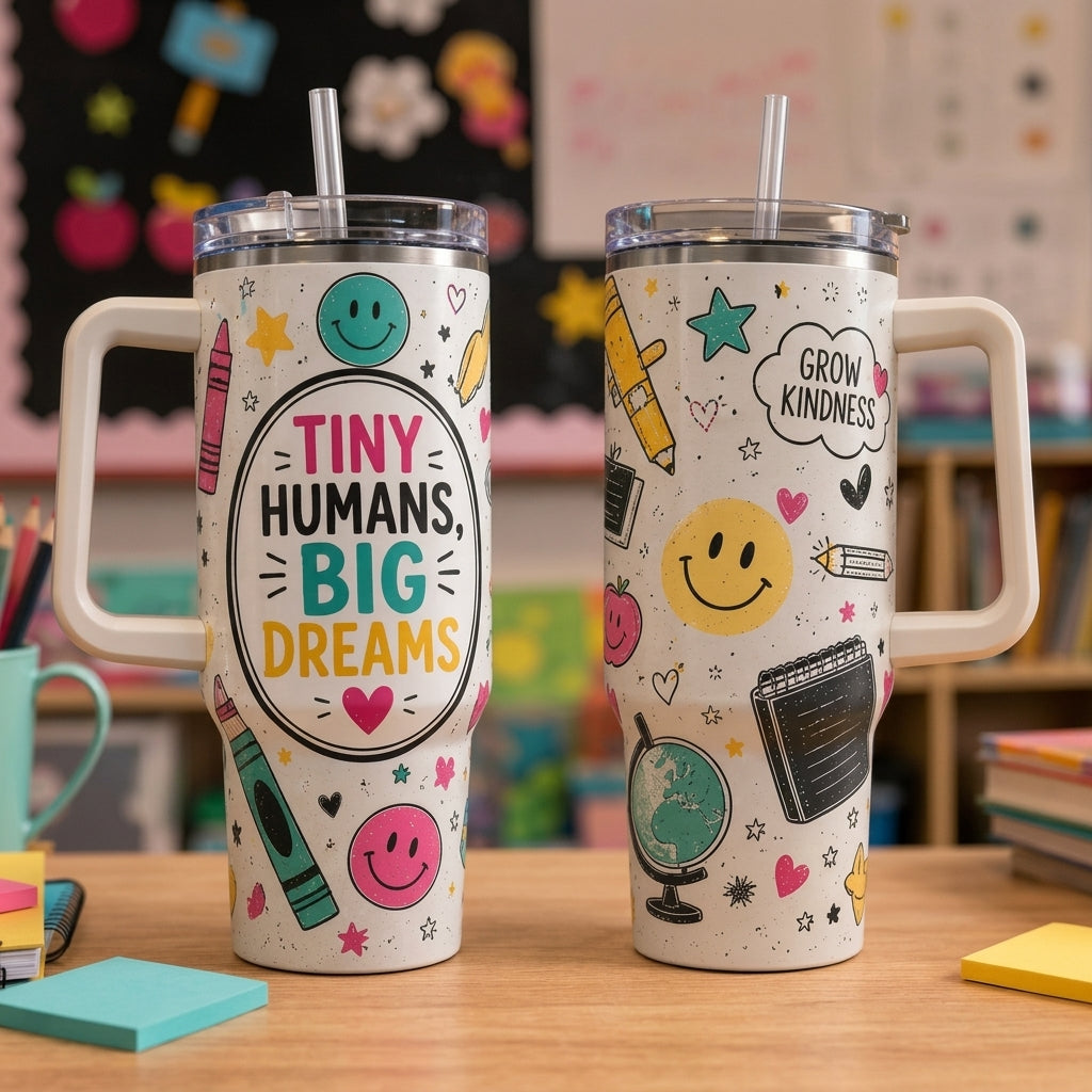 Tiny Humans Big Dreams 40oz Insulated Tumbler with Handle - Personalized Teacher Gift for Back to School