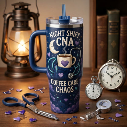Personalized Night Shift CNA 40oz Tumbler with Handle, Custom Name Coffee Care Chaos Nursing Gift