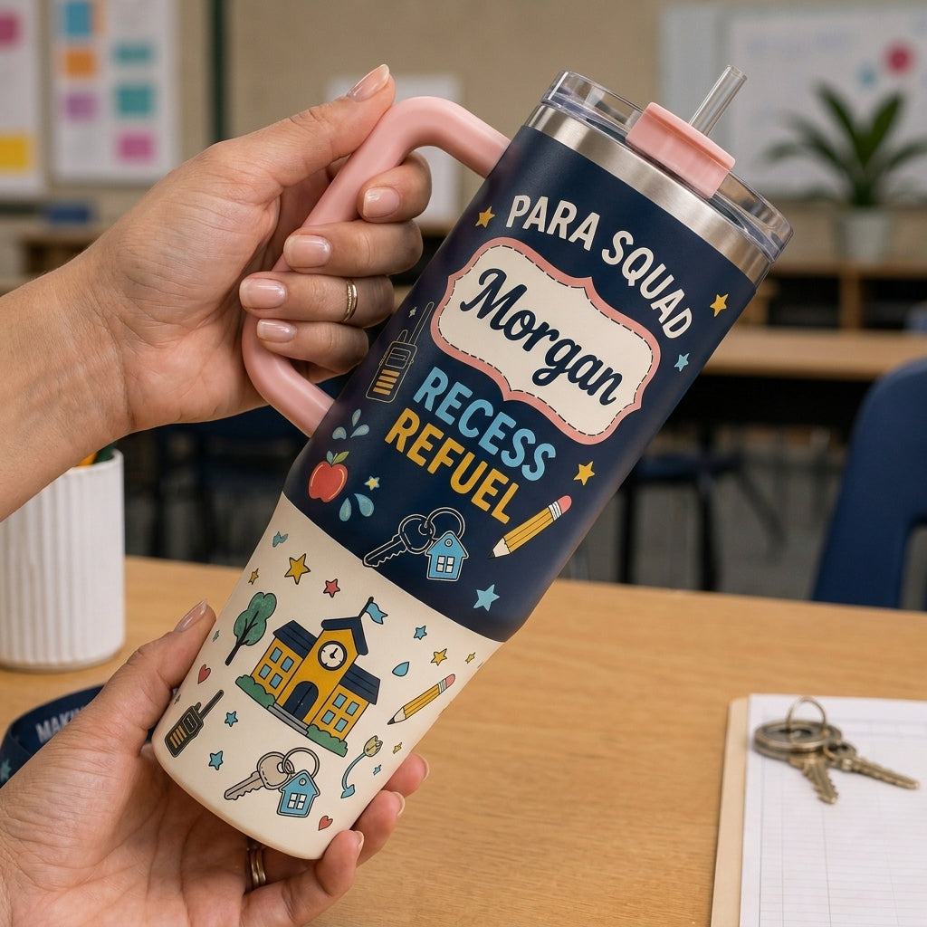 Personalized Para Squad Recess Refuel 40oz Tumbler with Handle - Custom Paraprofessional Gift