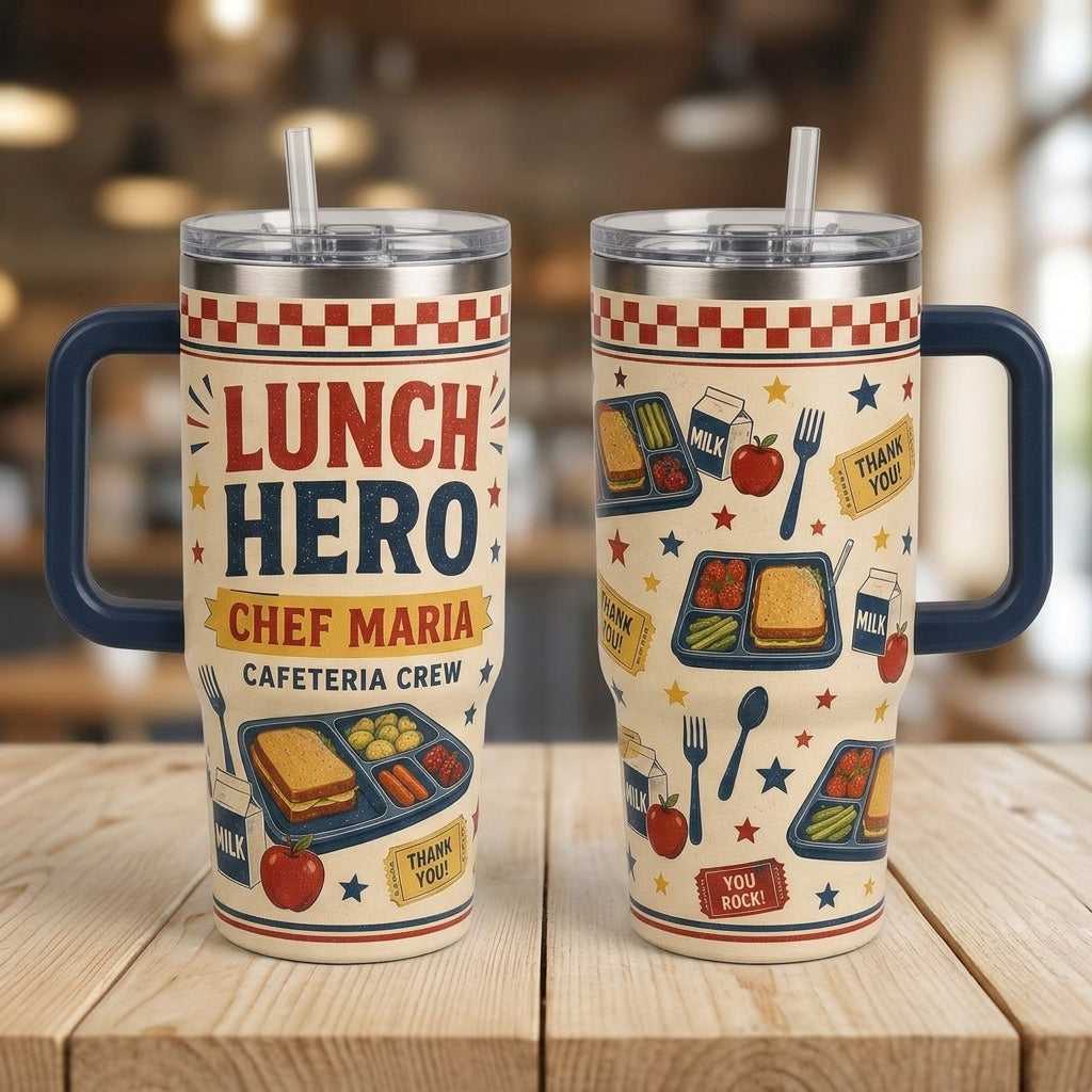 Personalized Lunch Hero 40oz Tumbler with Handle - Custom Name Cafeteria Crew Gift