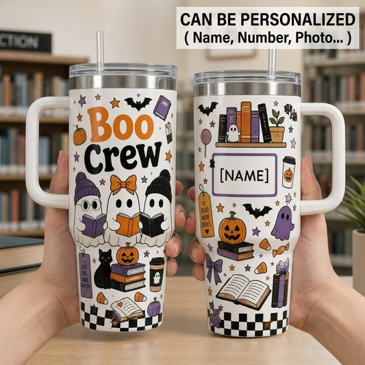Personalized Boo Crew Book Lover Halloween 40oz Tumbler with Handle - Custom Name Ghost Reading Travel Mug