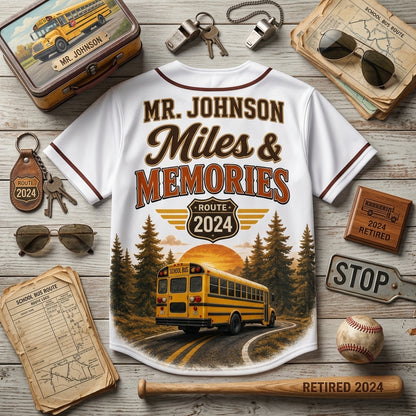 Personalized Retired School Bus Driver Baseball Jersey - Custom Name & Year Miles and Memories Shirt