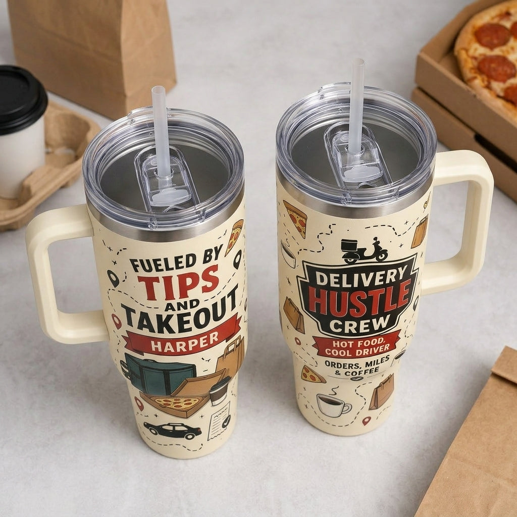 Personalized Delivery Driver 40oz Tumbler with Handle - Custom Hustle Crew Name Gift