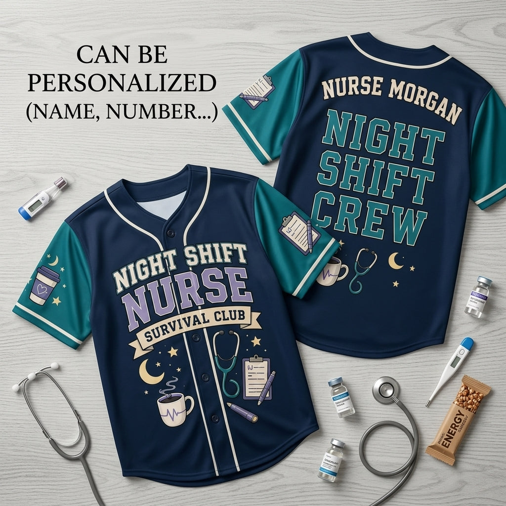 Personalized Night Shift Nurse Survival Club Baseball Jersey - Custom Name Nursing Crew Gift