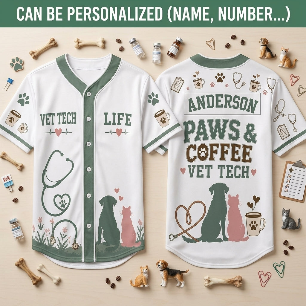 Personalized Vet Tech Paws & Coffee Baseball Jersey - Custom Name Veterinary Professional Gift Shirt