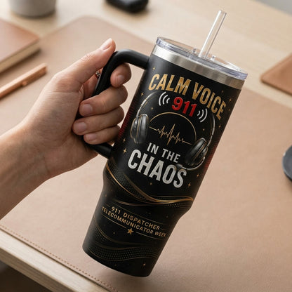 Personalized 911 Dispatcher 40oz Tumbler with Handle - Custom Headset Hero Calm Voice Gift