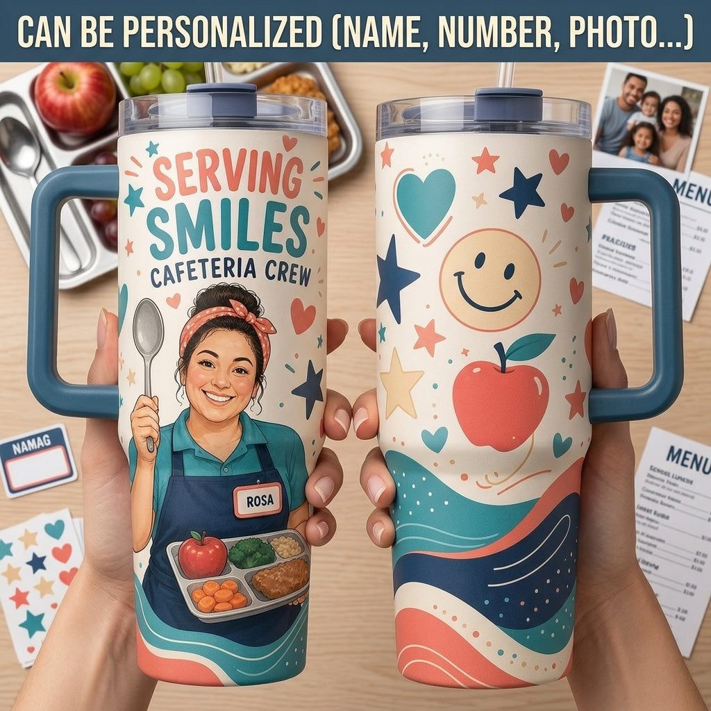 Personalized Serving Smiles Cafeteria Crew 40oz Tumbler with Handle - Custom Name Lunch Lady Gift