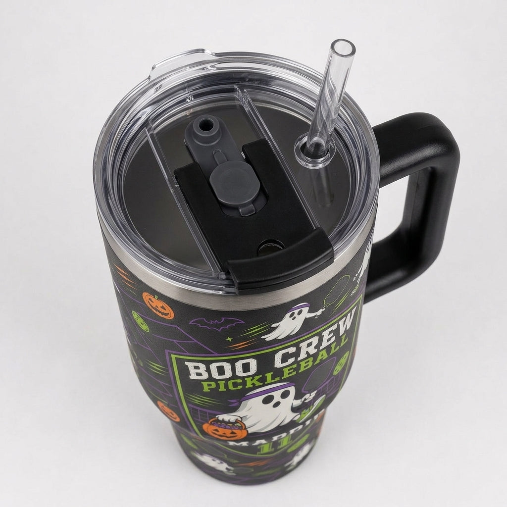 Personalized Boo Crew Pickleball Halloween Ghost 40oz Tumbler with Handle - Custom Name & Number Gift