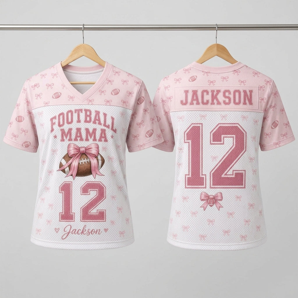 Personalized Football Mama Mesh Jersey - Custom Name and Number Coquette Pink Bow Sports Shirt