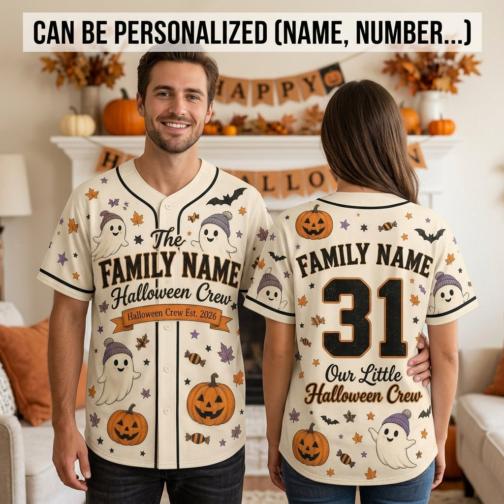Personalized Family Name Halloween Crew Baseball Jersey - Custom Ghost and Pumpkin Spooky Season Matching Shirt