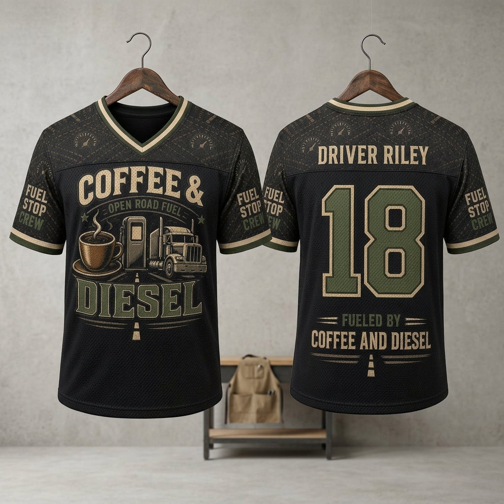 Personalized Coffee & Diesel Trucker Football Jersey - Custom Name and Number Hybrid Mesh Shirt