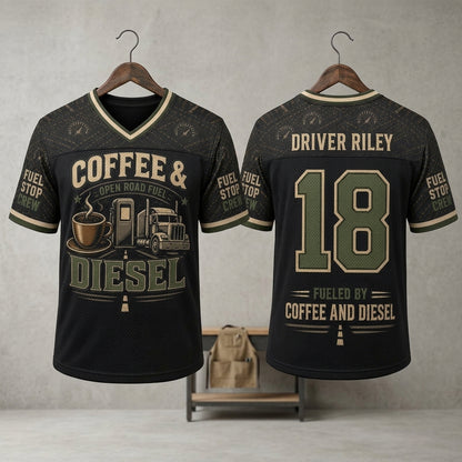 Personalized Coffee & Diesel Trucker Football Jersey - Custom Name and Number Hybrid Mesh Shirt