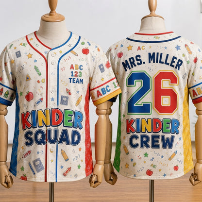Personalized Kindergarten Teacher Baseball Jersey - Custom Name Kinder Squad School Spirit Gift