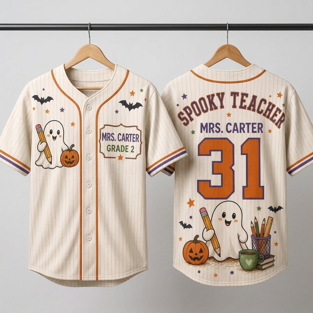 Personalized Spooky Teacher Halloween Baseball Jersey - Custom Name and Grade Ghost Graphic Jersey