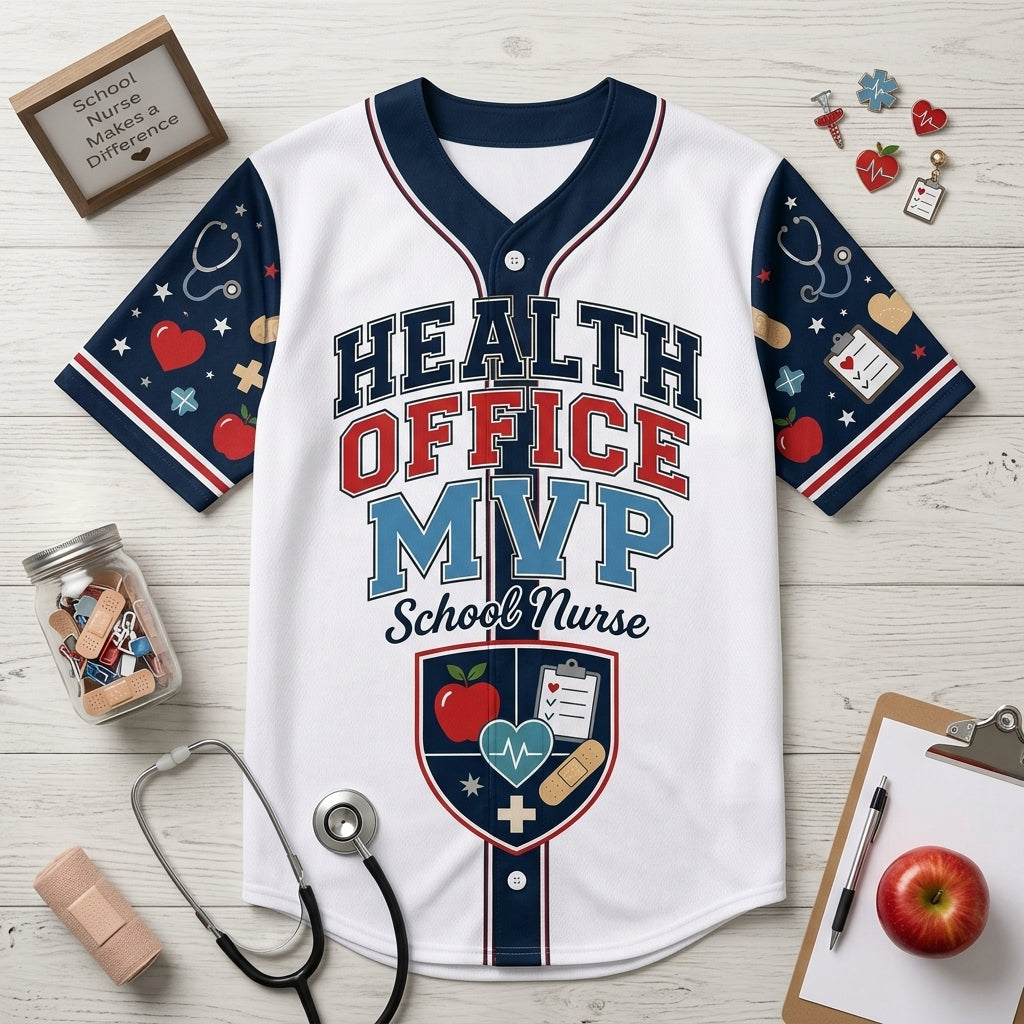 Personalized School Nurse Baseball Jersey - Custom Health Office MVP Shirt - Customizable Name & Number Gift