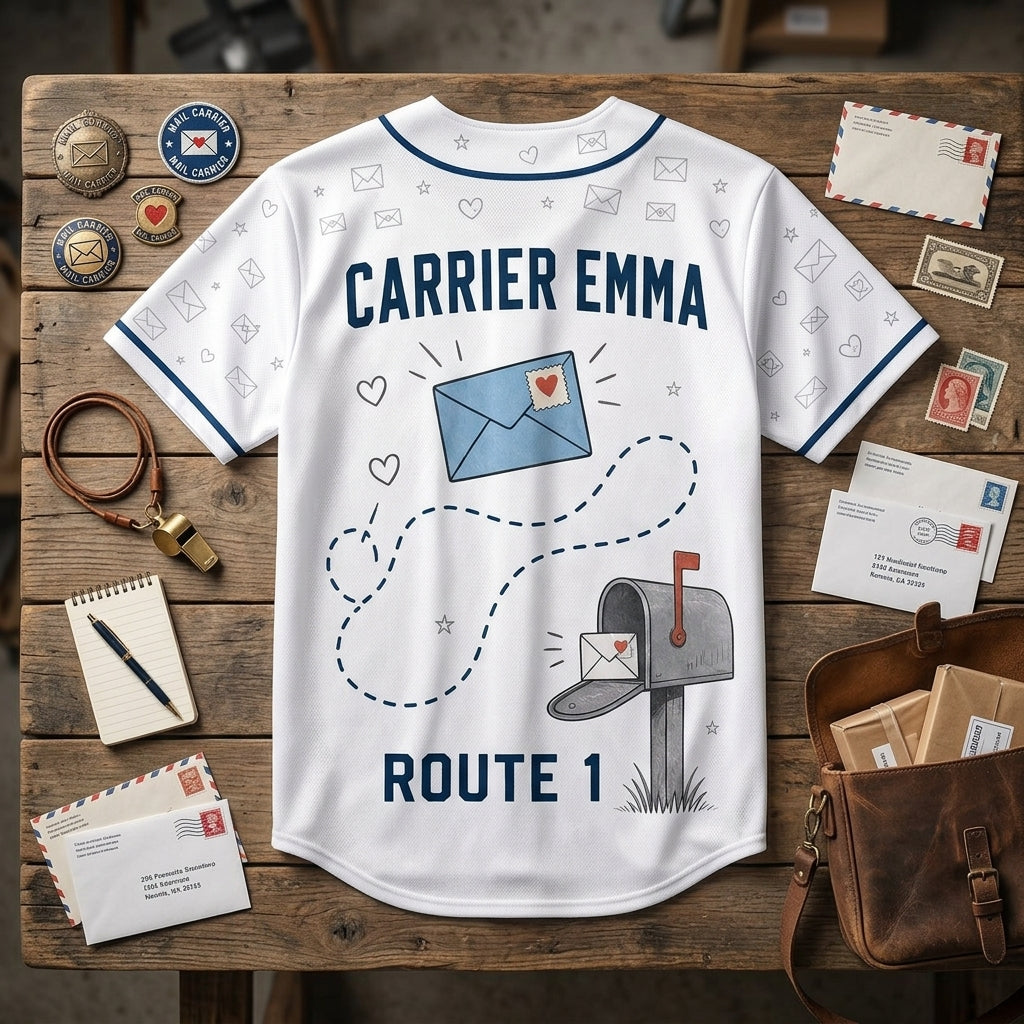 Personalized First Class Mail Carrier Baseball Jersey - Custom Name and Route Number Postal Worker Gift
