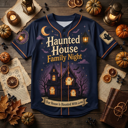 Personalized Haunted House Family Night Baseball Jersey - Custom Spooky Halloween Family Team Uniform