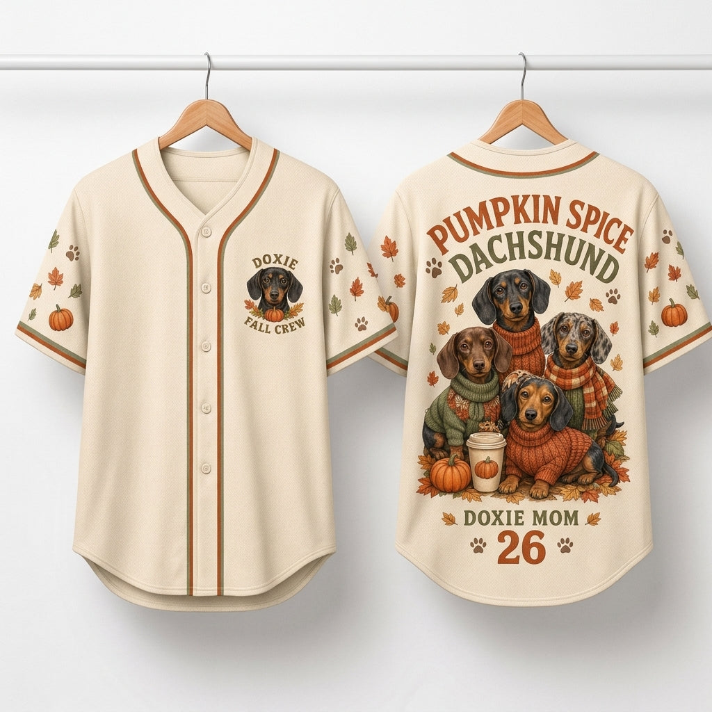 Personalized Pumpkin Spice Dachshund Baseball Jersey - Custom Doxie Mom Fall Name and Number Jersey