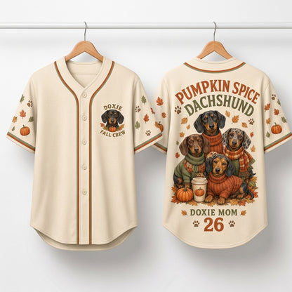 Personalized Pumpkin Spice Dachshund Baseball Jersey - Custom Doxie Mom Fall Name and Number Jersey