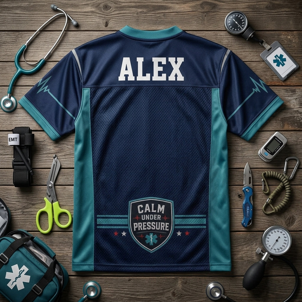 Personalized Paramedic Crew Football Jersey - Custom Name Calm Under Pressure Mesh Sportswear for EMS First Responders