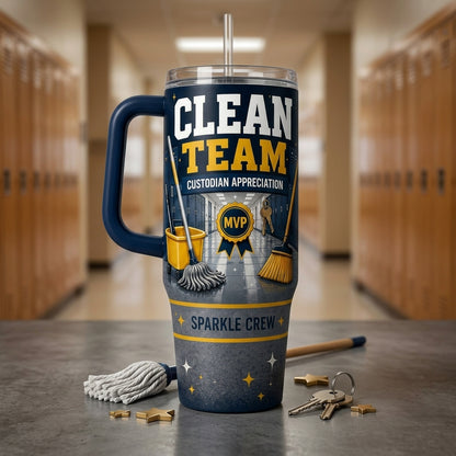 Personalized 40oz Tumbler with Handle - Custom Custodian Appreciation Gift, Clean Team MVP