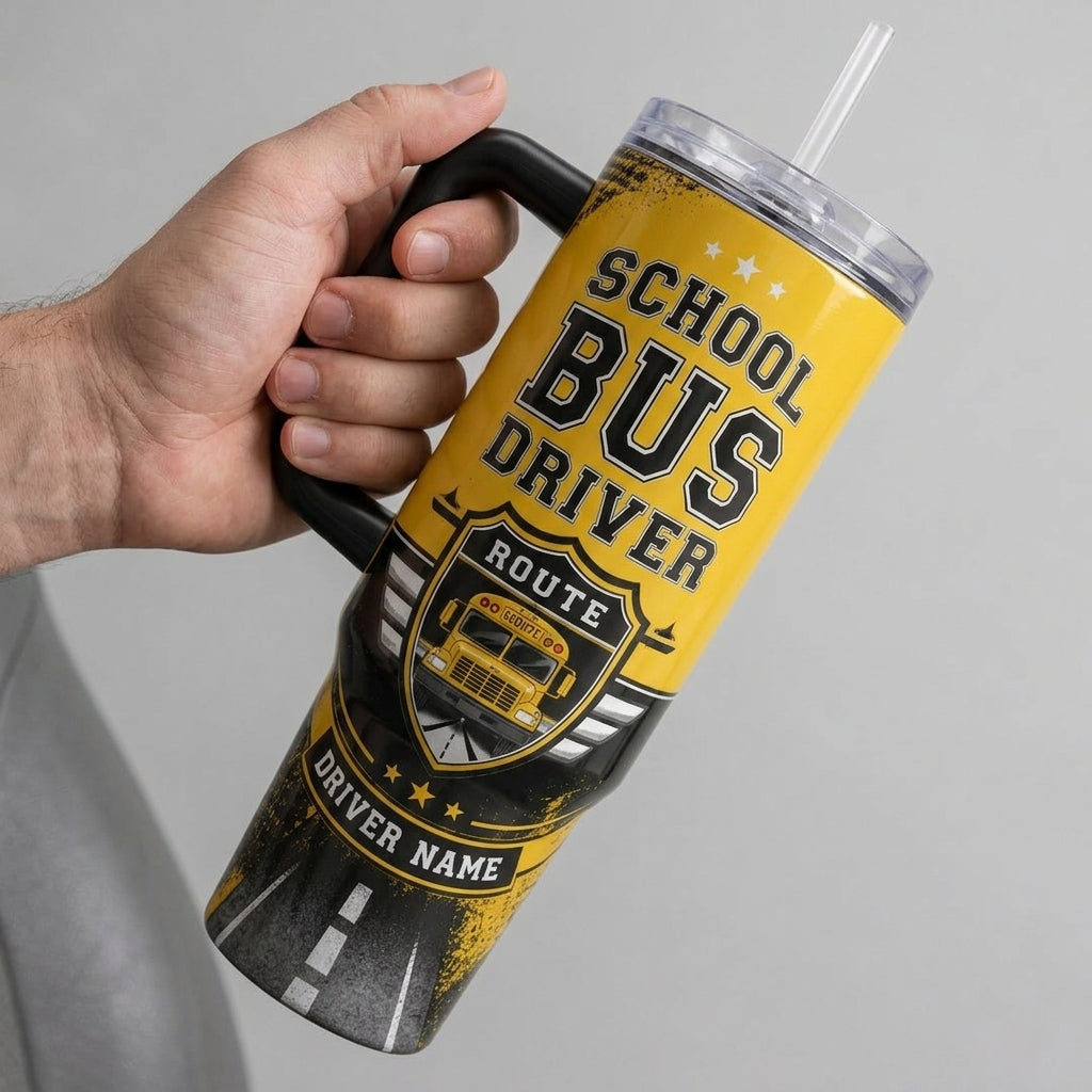 Personalized School Bus Driver 40oz Tumbler with Handle - Custom Name Yellow Bus Appreciation Gift