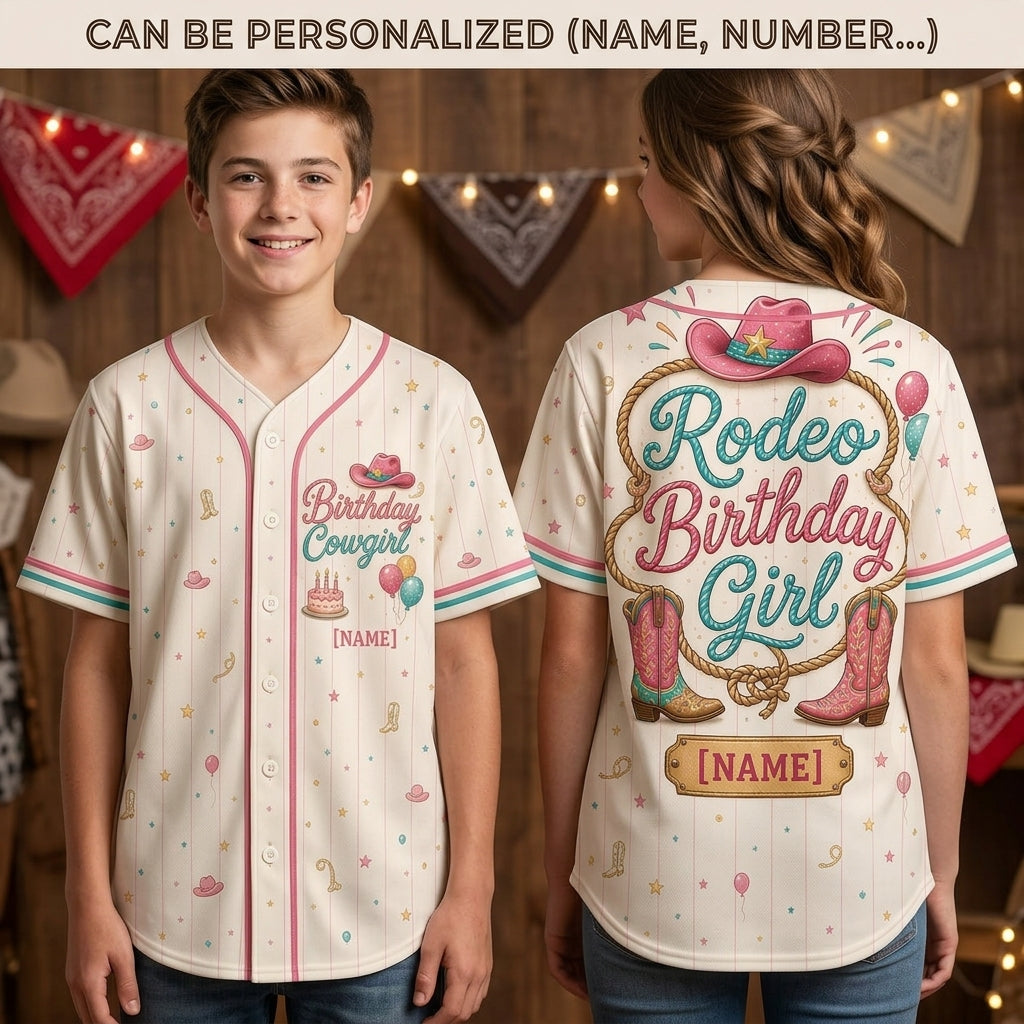 Personalized Rodeo Birthday Girl Baseball Jersey - Custom Name Cowgirl Western Theme Birthday Shirt