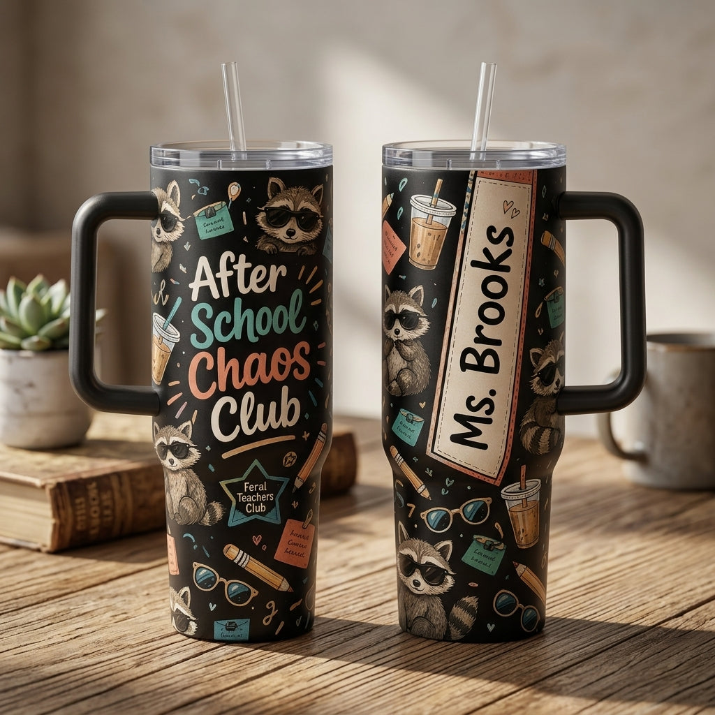 Personalized After School Chaos Club 40oz Tumbler with Handle - Custom Teacher Raccoon Gift