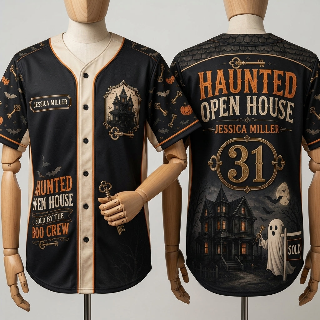 Personalized Haunted Open House Baseball Jersey - Custom Name Realtor Boo Crew Halloween Shirt