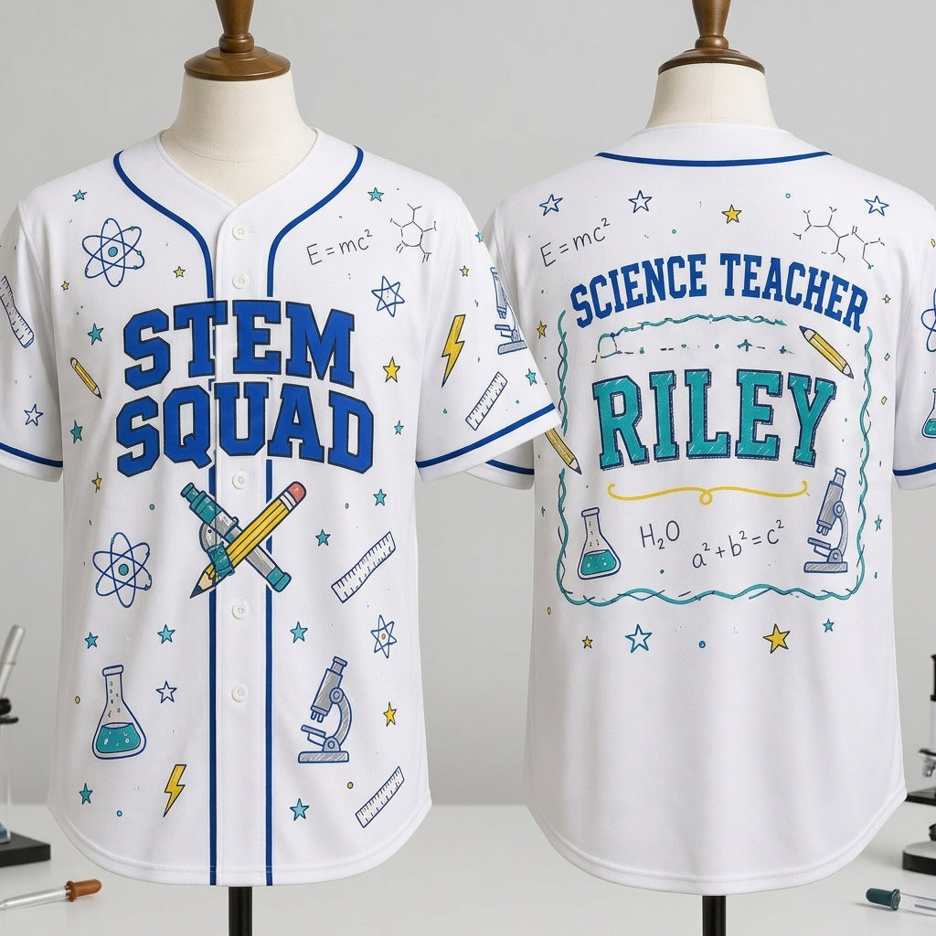 Personalized Science Teacher STEM Squad Baseball Jersey - Custom Name Education Gift for Educators