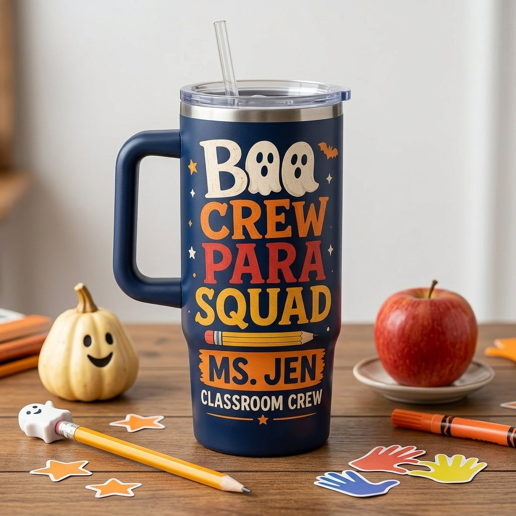 Personalized Boo Crew Para Squad 40oz Tumbler with Handle - Custom Teacher Halloween Paraprofessional Gift