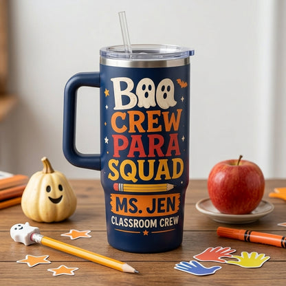 Personalized Boo Crew Para Squad 40oz Tumbler with Handle - Custom Teacher Halloween Paraprofessional Gift
