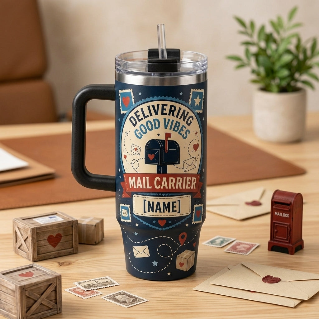 Personalized Mail Carrier 40oz Tumbler with Handle - Delivering Good Vibes Custom Postal Worker Gift - 40oz tumbler mockup 3