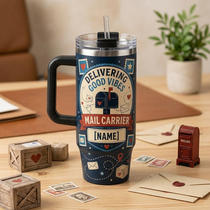 Personalized Mail Carrier 40oz Tumbler with Handle - Delivering Good Vibes Custom Postal Worker Gift - 40oz tumbler mockup 3