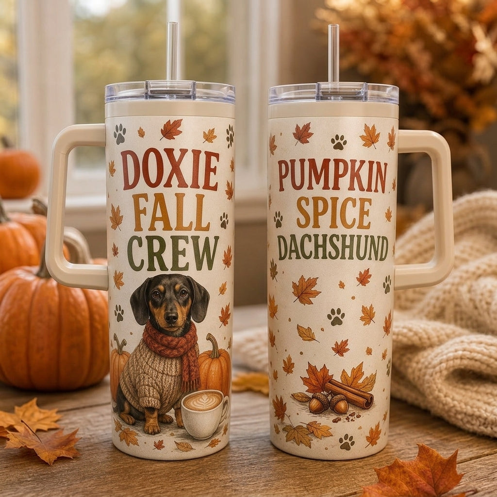 Personalized Doxie Fall Crew 40oz Tumbler with Handle - Pumpkin Spice Dachshund Dog Lover Gift