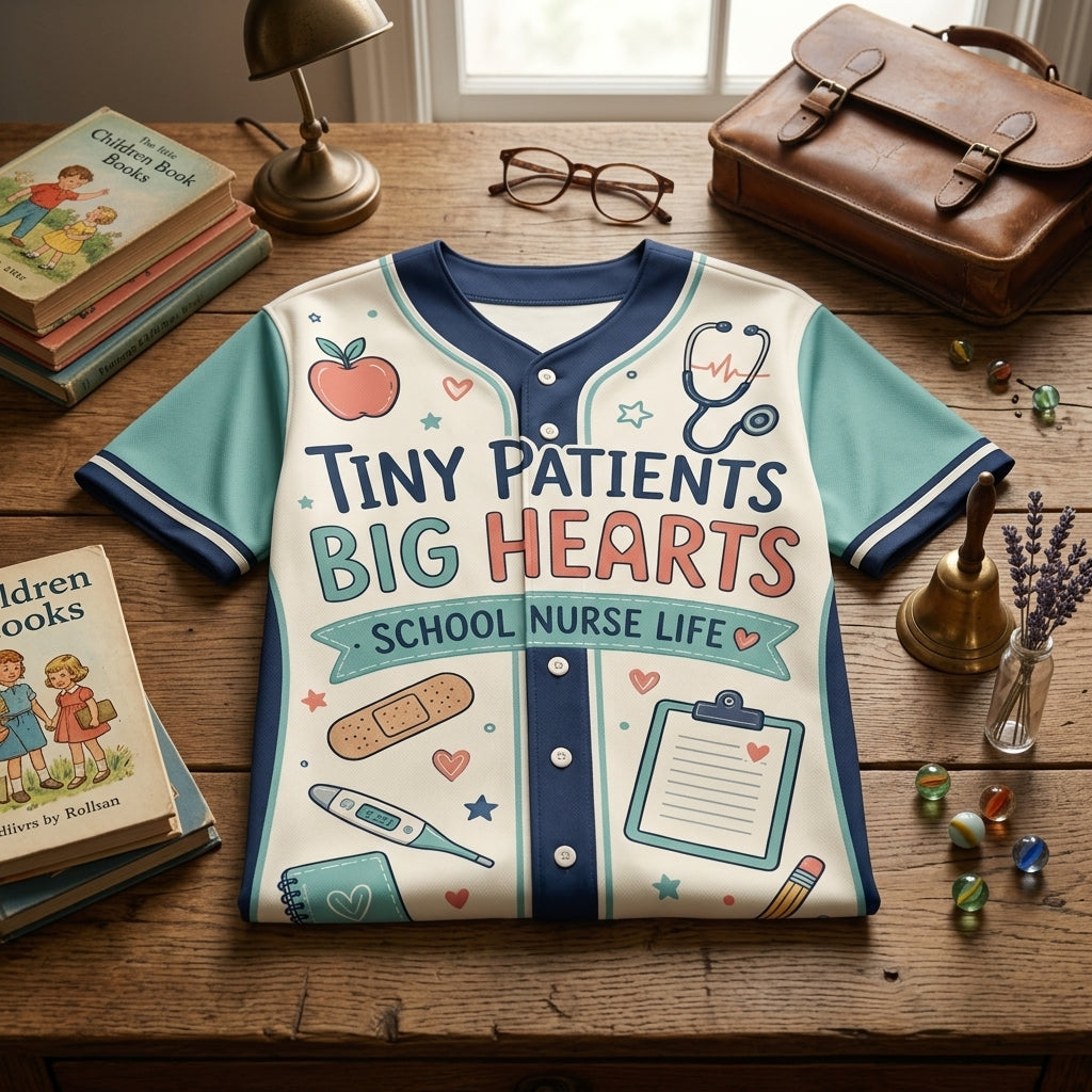 Personalized School Nurse Baseball Jersey - Custom Name & Number - Tiny Patients Big Hearts Pediatric Gift