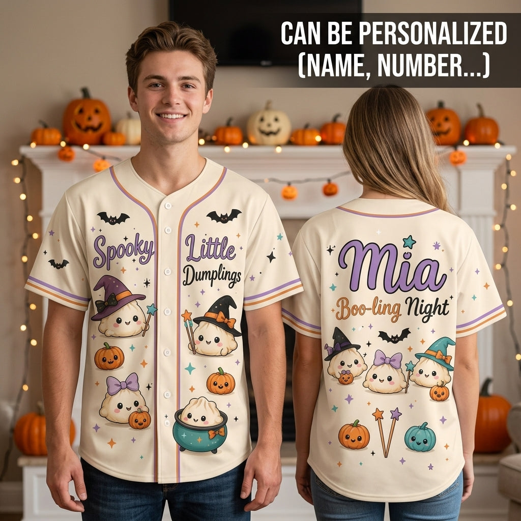 Personalized Spooky Little Dumplings Halloween Baseball Jersey - Custom Name Cute Witch Dumplings Button-Up