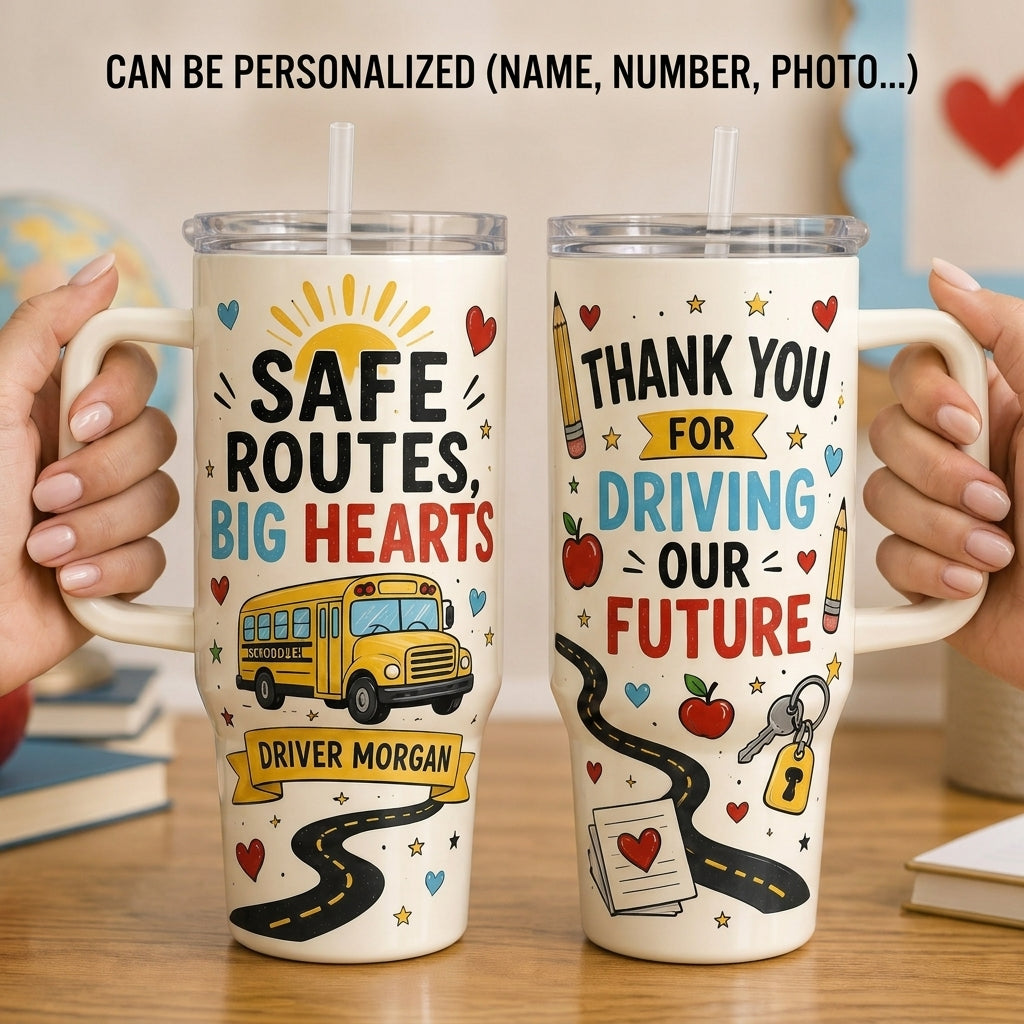 Personalized School Bus Driver 40oz Tumbler with Handle - Custom Name Appreciation Gift