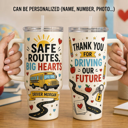 Personalized School Bus Driver 40oz Tumbler with Handle - Custom Name Appreciation Gift