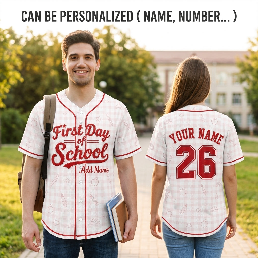 Personalized First Day of School Baseball Jersey - Custom Name & Number Back to School Gingham Shirt for Kids