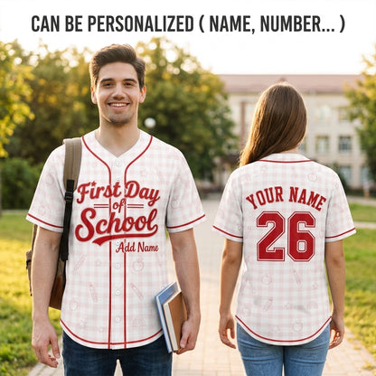 Personalized First Day of School Baseball Jersey - Custom Name & Number Back to School Gingham Shirt for Kids