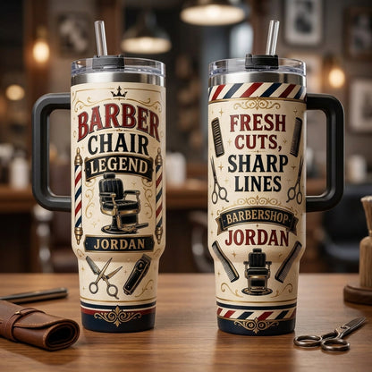 Personalized Barber Chair Legend 40oz Tumbler with Handle - Custom Name Barbershop Gift