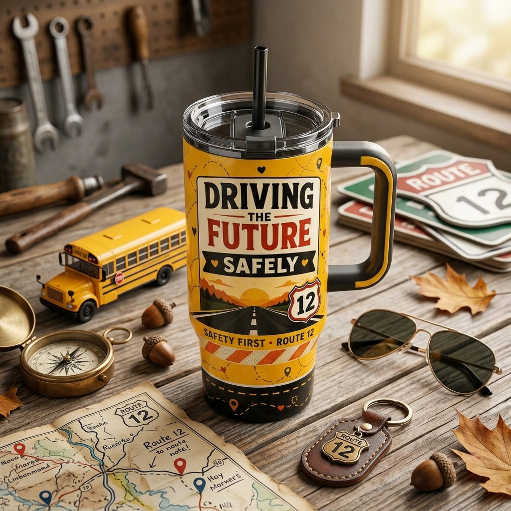 Personalized School Bus Driver Gift 40oz Tumbler with Handle - Precious Cargo Crew Design - Custom Route Number