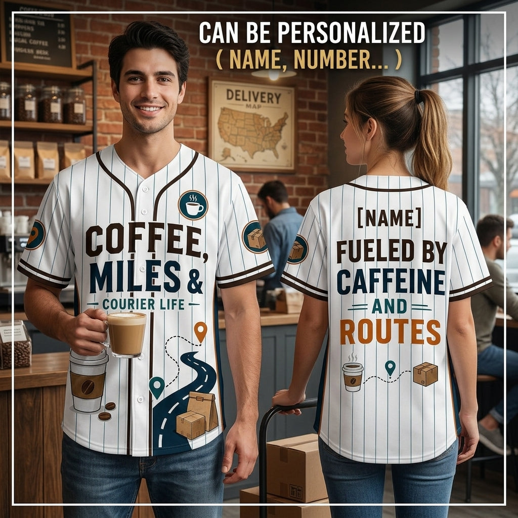 Personalized Courier Life Baseball Jersey - Custom Name Fueled by Caffeine and Routes Delivery Driver Gift