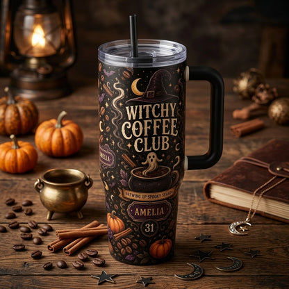 Personalized Witchy Coffee Club 40oz Tumbler with Handle - Custom Halloween Name & Age Gift