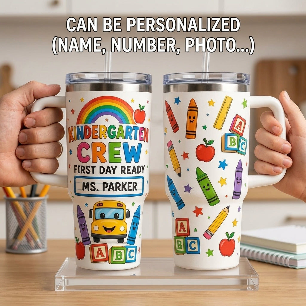 Personalized Kindergarten Crew 40oz Tumbler with Handle - Custom Name Teacher Back to School Gift