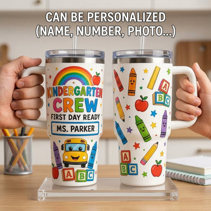 Personalized Kindergarten Crew 40oz Tumbler with Handle - Custom Name Teacher Back to School Gift