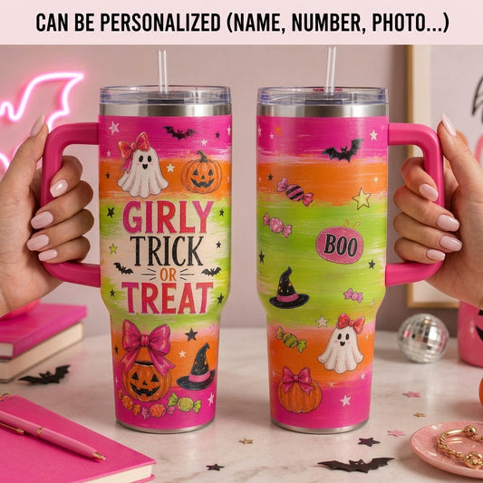 Girly Trick or Treat Halloween 40oz Tumbler with Handle - Pink Spooky Ghost & Pumpkin Hydration Cup