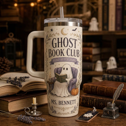 Personalized Ghost Book Club 40oz Tumbler with Handle - Custom Name Gift for Book Lovers and Teachers