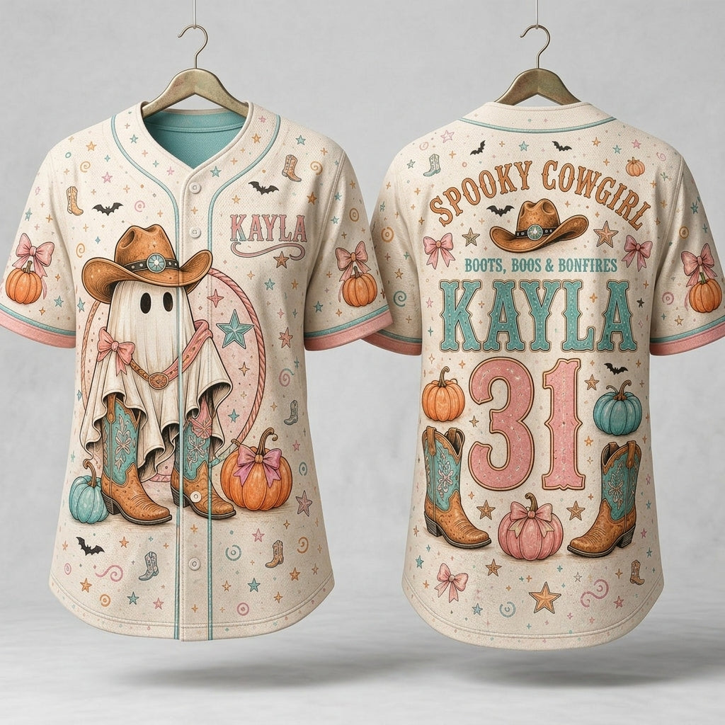 Personalized Spooky Cowgirl Baseball Jersey - Custom Name & Number Halloween Ghost Apparel for Women